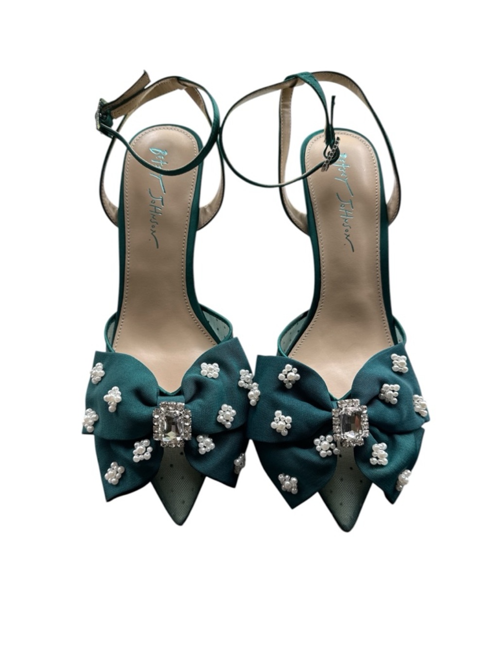 ❤️🎁Betsey Johnson Markin Emerald Green Embellished Bow Ankle-Strap Heels - Picture 5 of 7